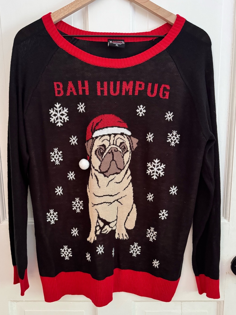 Well Worn Bah HumPug Ugly Christmas Sweater XL Black Dog Lover Holiday Pom Pom